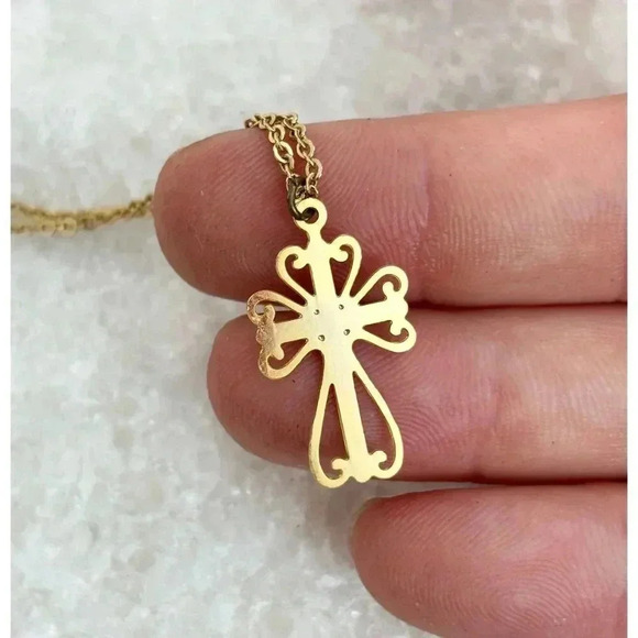 Gold Toned Ornamental Cross Pendant Necklace - 14" - Picture 5 of 8